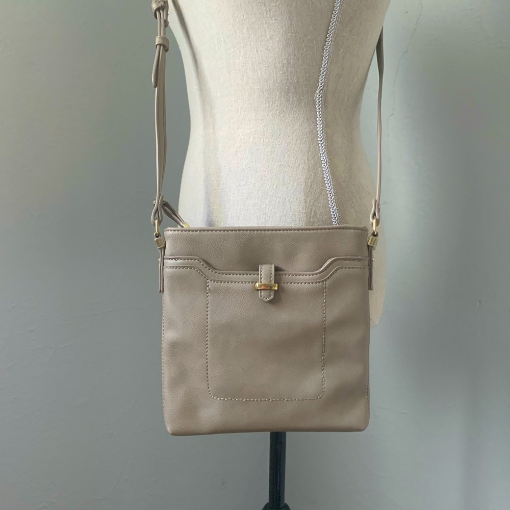 Accessorize taupe crossbody bag with gold entail detail